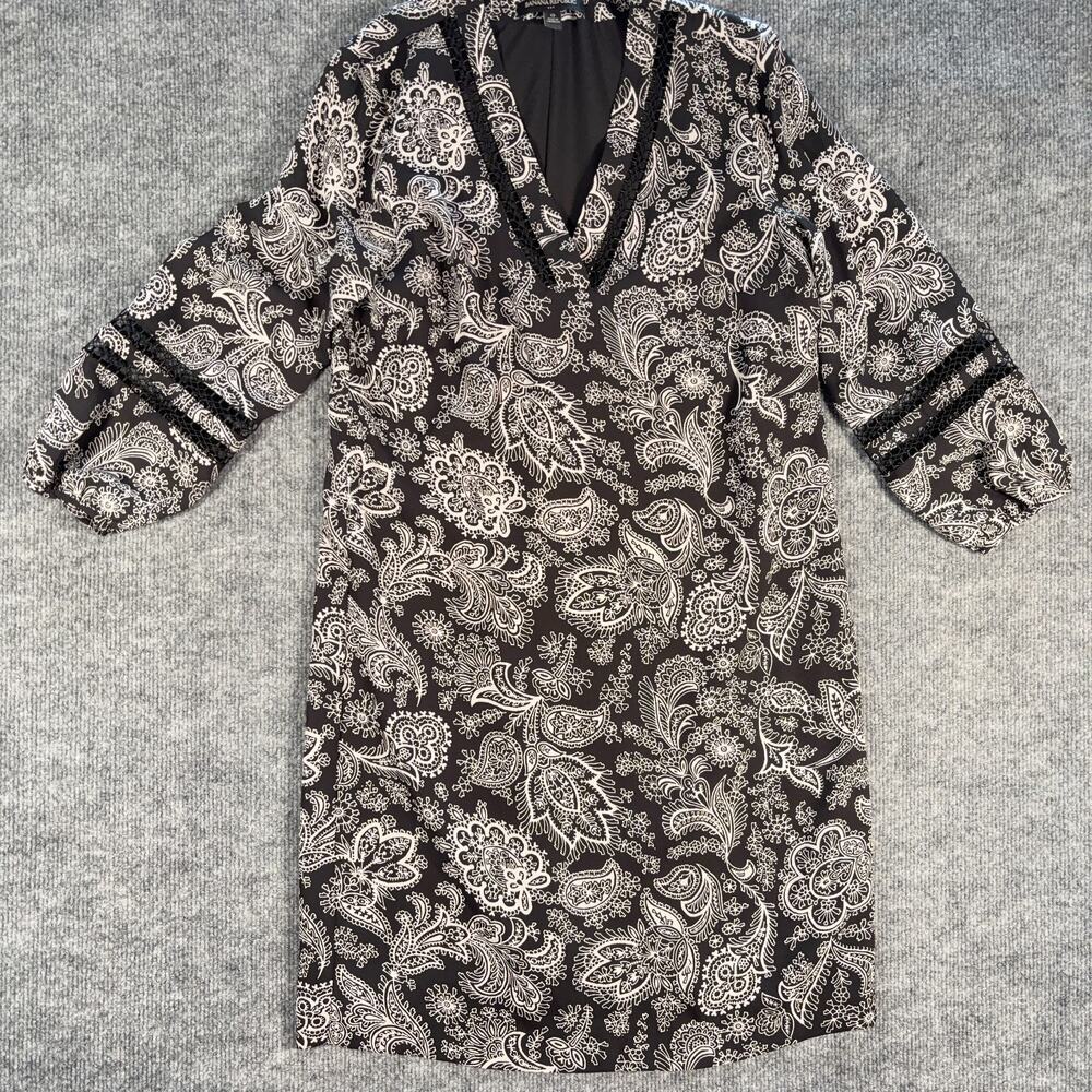 Banana Republic Black White Paisley Dress Size 0 Long Sleeve V Neck Tunic